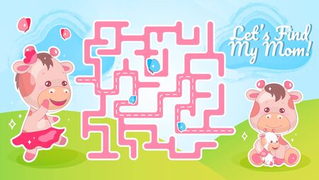 Lets find my mom labyrinth with cartoon character template. Animal searching for child find path maze with solution for educational kids game. Cute cow looking for calf printable flat vector layoutのイラスト素材
