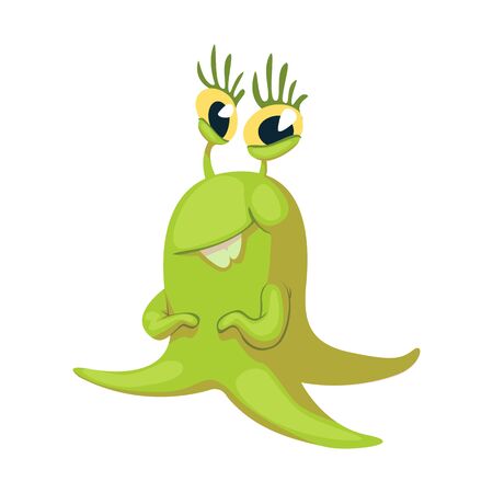 Smiling extraterrestrial flat cartoon vector illustration. Cute green alien, fantastic creature. Ready to use 2d character template for commercial, animation, printing design. Isolated comic heroのイラスト素材