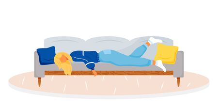 Fatigue flat color vector faceless character. Tired woman lying on couch. Tired adult, overworked female. Lady taking nap. Asleep, exhausted person. Symptoms of disease isolated cartoon illustrationのイラスト素材