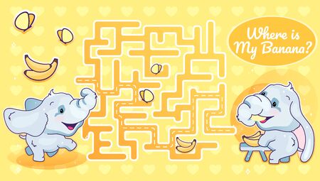 Where is my banana labyrinth with cartoon character template. Animal looking for food find path maze with solution for educational kids game. Baby elephant eating bananas printable flat vector layoutのイラスト素材