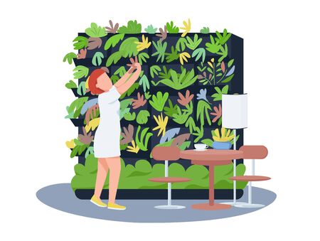 Cafe botanical decor 2D vector web banner, poster. Female florist flat character on cartoon background. Restaurant interior floral decoration, vertical garden printable patches, colorful web elementsのイラスト素材