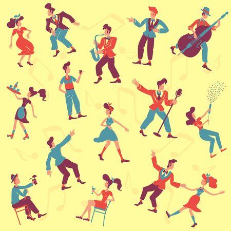 Retro style party flat vector seamless pattern. Jazz musicians, jive and rock n roll dancers background. Old fashioned 1940s texture with cartoon color characters. Wrapping paper, wallpaper designのイラスト素材