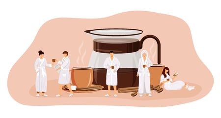 Morning coffee flat concept vector illustration. Drinking americano. Espresso in glass pot. Spiced black tea in cup. People in robes 2D cartoon characters for web design. Breakfast creative ideaのイラスト素材