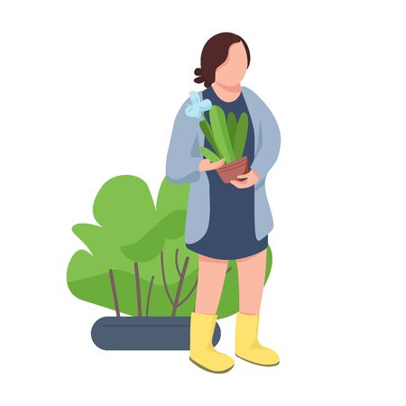 Girl with flowerpot, woman holding houseplant flat color vector faceless character. Gardening, plant growing, agriculture isolated cartoon illustration for web graphic design and animationのイラスト素材