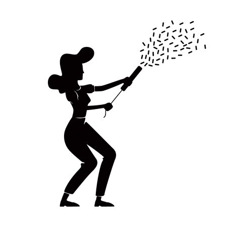 Woman with retro party slapstick black silhouette vector illustration. Old fashioned lady shooting confetti popper. Female person pose. 2d cartoon character shape for commercial, animation, printingのイラスト素材