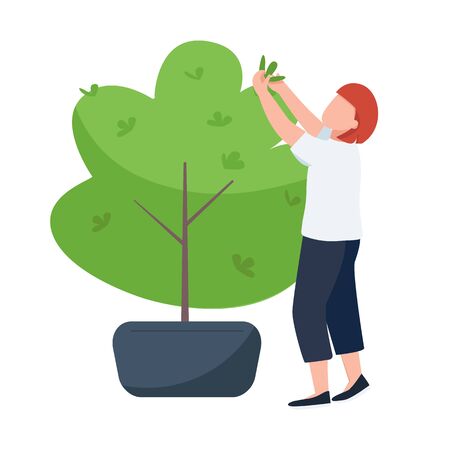 Female with secateurs, gardener, landscape designer flat color vector faceless character. Bush trimming, outdoor leisure isolated cartoon illustration for web graphic design and animationのイラスト素材