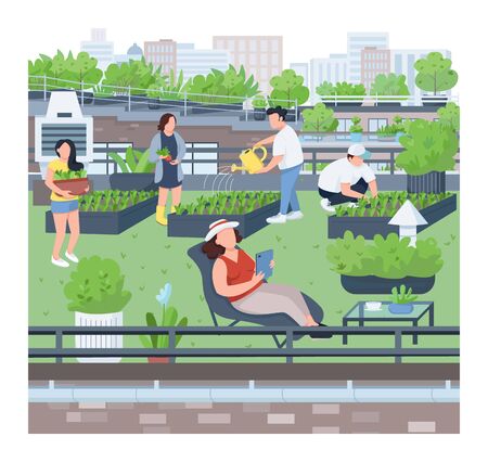 Landscaping flat color vector illustration. Urban gardening, agriculture, building roof greening. People planting seedlings, gardeners, florists 2D cartoon characters on cityscape backgroundのイラスト素材