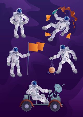 Cosmonaut 2d cartoon character illustrations kit. Astronaut in spacesuit, Space exploration, human spaceflight. Ready to use one comic flat hero set templates for commercial, animation, printingのイラスト素材