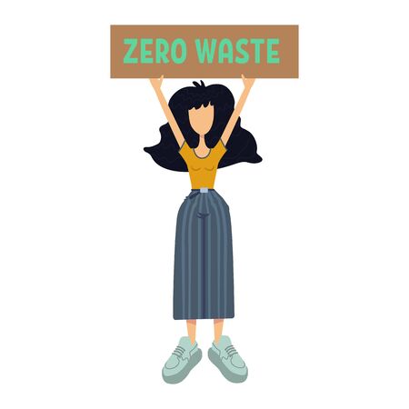 Zero waste flat cartoon vector illustration. Woman holds banner with slogan. Environmental activist. Ready to use 2d character template for commercial, animation, printing design. Isolated comic heroのイラスト素材