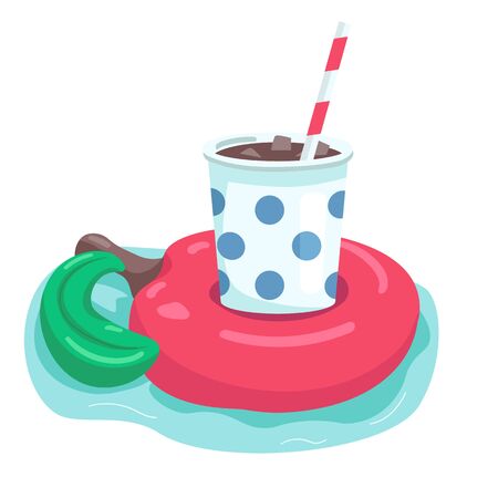 Inflatable apple cartoon vector illustration. Iced americano in disposable cup. Fun air mattress. Soda in rubber drink holder flat color object. Pool party item isolated on white backgroundのイラスト素材