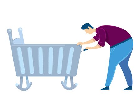Handyperson flat color vector faceless character. Father repairing cradle. Dad fixing pendulum baby bed. Man assemble kids furniture. Housekeeping worker. Home repair isolated cartoon illustrationのイラスト素材