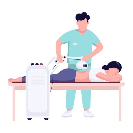 Woman back pain treatment flat color vector faceless character. Spinal injury physiotherapy with orthopedics medical equipment isolated cartoon illustration for web graphic design and animationのイラスト素材
