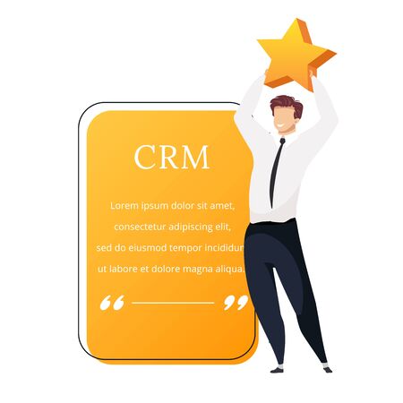 CRM flat color vector character quote. Smiling businessman holding star. Good reviews. High rating. Customer service. Citation blank frame template. Speech bubble. Quotation empty text box designのイラスト素材