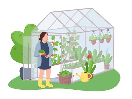 Woman and greenhouse 2D vector web banner, poster. Woman holding radish, horticulturist flat character on cartoon background. Growing flowers and vegetables printable patches, colorful web elementsのイラスト素材