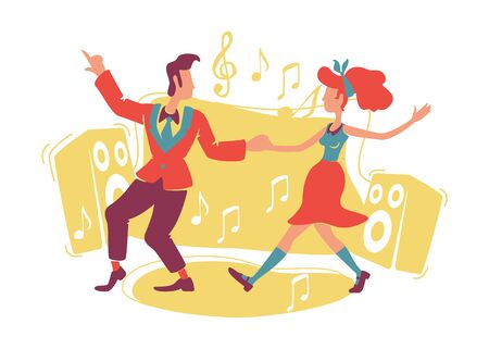 Boogie woogie dancing 2D vector web banner, poster. Rock n roll dancers flat characters on cartoon background. Retro couple at dance floor. Old school printable patches, colorful web elementsのイラスト素材