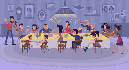 Big family gathering together flat illustration. Happy relatives eating festive thanksgiving dinner. Kids, grandparents, wife and husband celebrating. 2D cartoon characters room interior on backgroundのイラスト素材