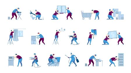 Handyman flat color vector faceless characters set. Handyperson DIYs. Professional workers. Repairman for house improvement. Home repairs isolated cartoon illustrations on white backgroundのイラスト素材
