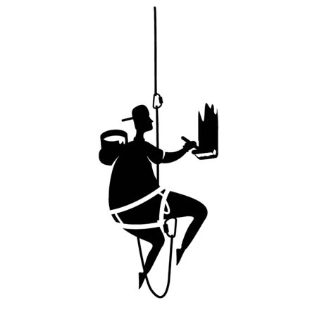 Man painting wall black silhouette vector illustration. Painter hang on harness. Home repairs. Working person pose. Handyman 2d cartoon character shape for commercial, animation, printingのイラスト素材