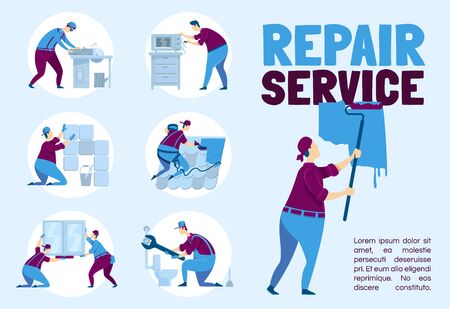 Repair service poster flat vector template. Plumber with wrench. Carpenter with trunk. Brochure, booklet one page concept design with cartoon characters. Professional handyworker flyer, leafletのイラスト素材