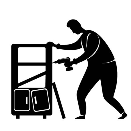 Furniture assemblance black silhouette vector illustration. Man with drill. Guy put shelves. Home repairs. Working person pose. Handyman 2d cartoon character shape for commercial, animation, printingのイラスト素材