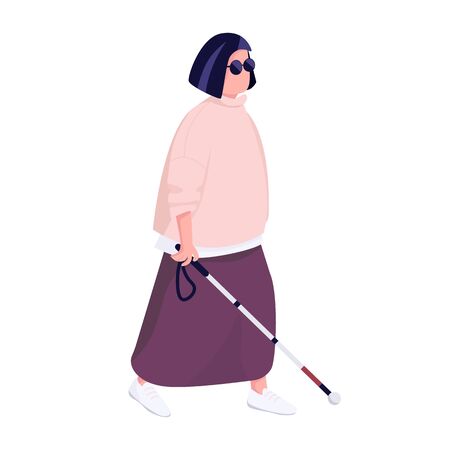 Blind woman with walking stick flat color vector faceless character. Middle aged male person with eyesight disability isolated cartoon illustration for web graphic design and animationのイラスト素材