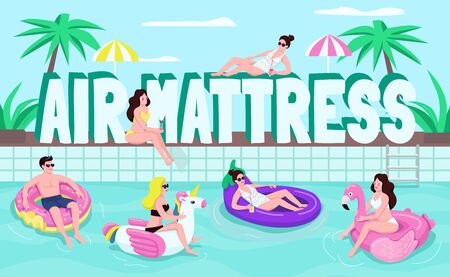 Air mattresses word concepts flat color vector banner. People on inflatable rings. Isolated typography with tiny cartoon characters. Pool summer party creative illustration on turquoiseのイラスト素材