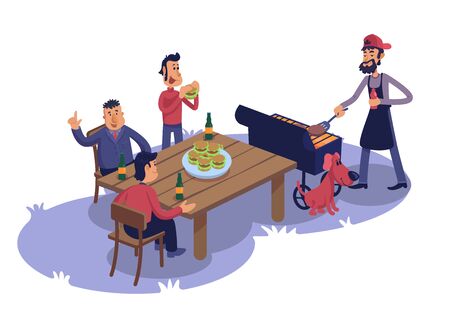 Male friends at barbecue flat cartoon vector illustration. Men cooking and eating burgers outdoor. Ready to use 2d character template for commercial, animation, printing design. Isolated comic heroのイラスト素材