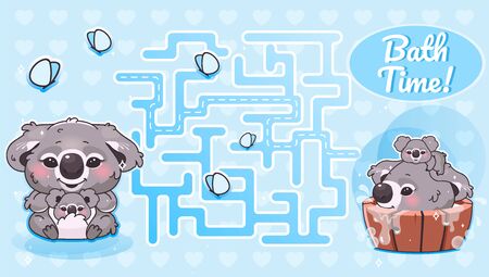 Bath time labyrinth with cartoon character template. Australian animals washing find path maze with solution for educational kids game. Koala family bathing printable flat vector layoutのイラスト素材
