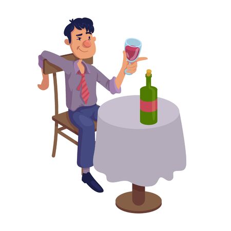 Drunk man sitting at table flat cartoon vector illustration. Alcoholic drinking wine alone. Ready to use 2d character template for commercial, animation, printing design. Isolated comic heroのイラスト素材