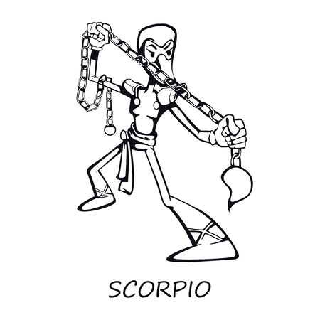 Scorpio zodiac sign person outline cartoon vector illustration. Astrological symbol characteristics. Ready to use 2d character template for commercial, animation, printing design. Isolated comic heroのイラスト素材