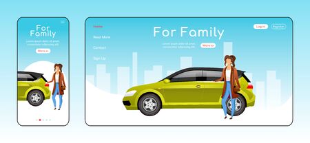For family responsive landing page flat vector template. Car dealership service homepage layout. One page website UI with cartoon character. Hatchback sale adaptive webpage cross platform designのイラスト素材