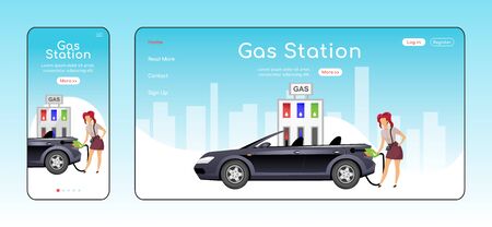 Gas station responsive landing page flat color vector template. Petrol sale network homepage layout. One page website UI with cartoon character. Car refueling adaptive webpage cross platform designのイラスト素材