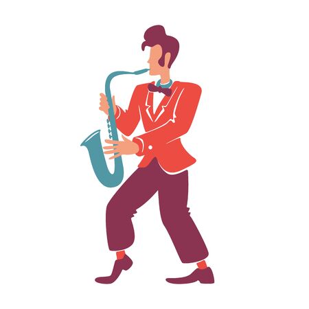 Stylish saxophonist flat color vector faceless character. Elegant jazz musician playing musical instrument. Old fashioned, retro style guy with trumpet in red blazer isolated cartoon illustrationのイラスト素材