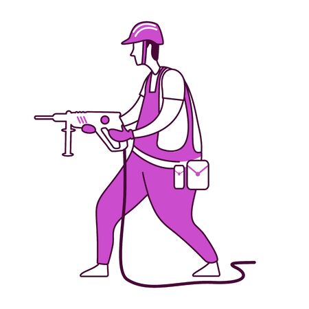 Construction work services flat silhouette vector illustration. Handyman in uniform with tool. Builder with drill 2D isolated outline character on white background. House repairs simple style drawingのイラスト素材