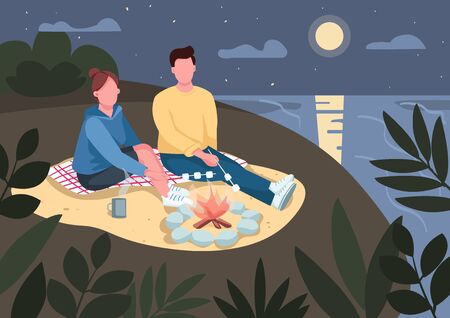 Romantic evening date on beach flat color vector illustration. Boyfriend and girlfriend roasting marshmallow. Romantic couple sitting near bonfire 2D cartoon characters with sea and moon on backgroundのイラスト素材