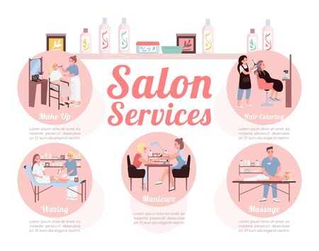 Salon services flat color vector informational infographic template. Apply make up. Poster, booklet, PPT page concept design with cartoon characters. Advertising flyer, leaflet, info banner ideaのイラスト素材