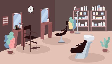 Beauty salon flat color vector illustration. Hair stylist workplace. Room of make up artist. Barbershop table. Cosmetology parlor 2D cartoon interior with mirrors and armchairs on backgroundのイラスト素材