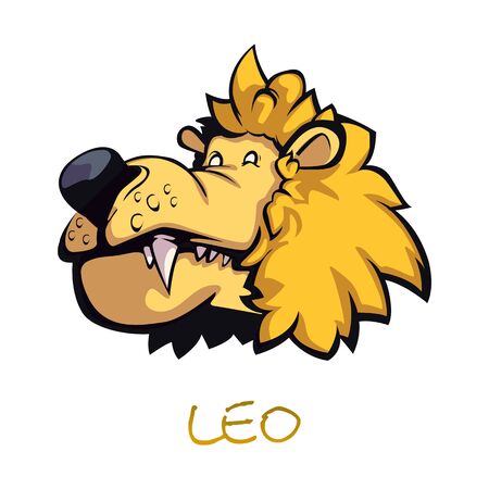 Leo zodiac sign flat cartoon vector illustration. Celestial lion head object. Astrological horoscope fire symbol characteristics, jungle wild animal element. Isolated hand drawn itemのイラスト素材
