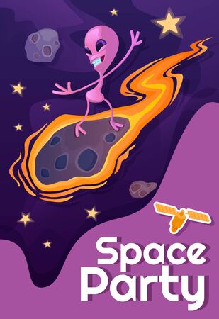 Space party poster flat vector template. Smiling martian, extraterrestrial on meteorite. Brochure, booklet one page concept design with cartoon characters. Stylized party flyer, leafletのイラスト素材