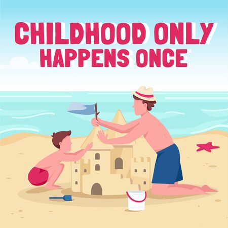 Family beach activities social media post mockup. Childhood only happens once phrase. Web banner design template. Booster, content layout with inscription. Poster, print ads and flat illustrationのイラスト素材