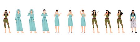 Female morning routine flat color vector characters set. Face, body and hair SPA procedures isolated cartoon illustrations on white background. Women daily skincare and haircare treatmentのイラスト素材
