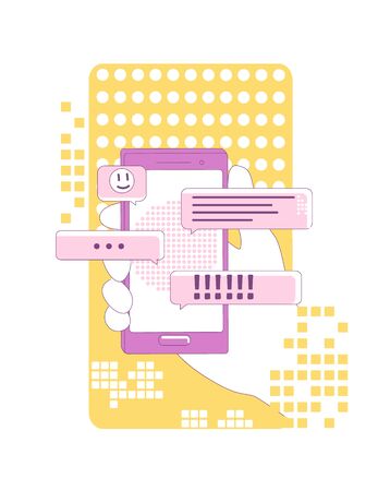 Instant messaging marketing thin line concept vector illustration. User holding smartphone 2D cartoon character for web design. Social media communication, online chat advertising creative ideaのイラスト素材