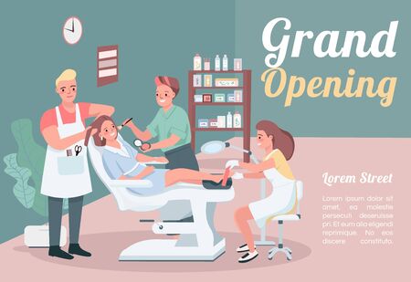 Grand opening banner flat vector template. Brochure, poster concept design with cartoon characters. Hairstylist visit. Make up artist. Beauty salon horizontal flyer, leaflet with place for textのイラスト素材