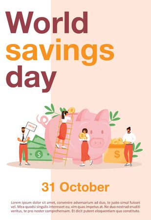 World savings day poster flat vector template. Budget planning, money investment brochure, booklet one page concept design with cartoon characters. Finances management flyer, leafletのイラスト素材