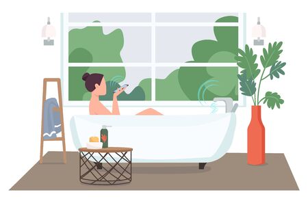 Woman in automated bathroom flat color vector faceless character. Young lady with smartphone taking bath. Smart home technology control cartoon illustration for web graphic design and animationのイラスト素材