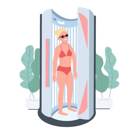 Suntanning flat color vector character. Solarium treatment. Sunbed machine indoor cosmetic parlor. Woman getting artificial lamp tanning. Beauty salon procedure isolated cartoon illustrationのイラスト素材