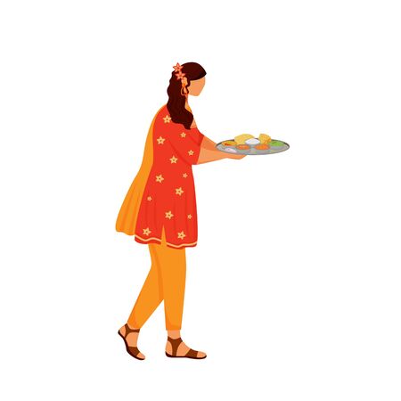 Female Indian wearing sari flat color vector faceless character. Woman in traditional clothes, girl carrying thali with Indian meals isolated cartoon illustration for web graphic design and animationのイラスト素材