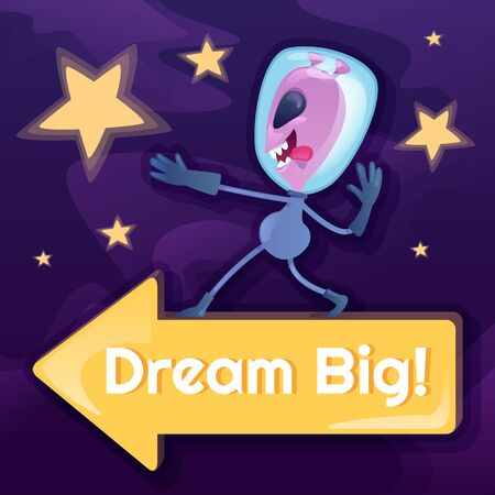 Dream big social media post mockup. Motivational phrase. Web banner design template. Alien on arrow booster, content layout with inscription. Poster, print ads and flat illustrationのイラスト素材