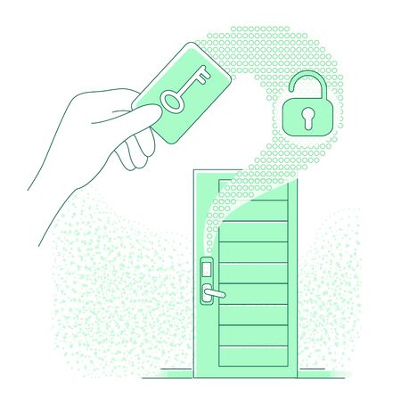 Electronic door key thin line concept vector illustration. Person using keycard 2D cartoon character for web design. Keyless lock system technology, smart home, security creative ideaのイラスト素材
