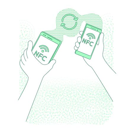 Mobile data transfer thin line concept vector illustration. People holding smartphones 2D cartoon character for web design. Information exchange, mobile app, nfc technology creative ideaのイラスト素材